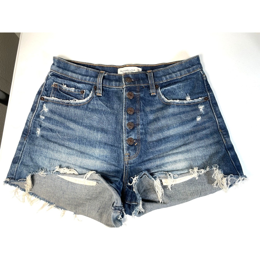 Abercrombie Blue Jean Shorts 27 4 High Rise Mom Denim Button Fly Ripped A&F